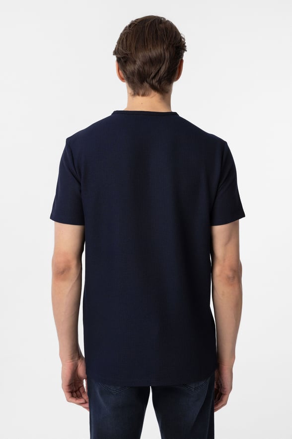 Lacivert Slim Fit Armürlü Bisiklet Yaka Tişört
