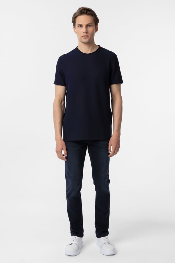 Lacivert Slim Fit Armürlü Bisiklet Yaka Tişört