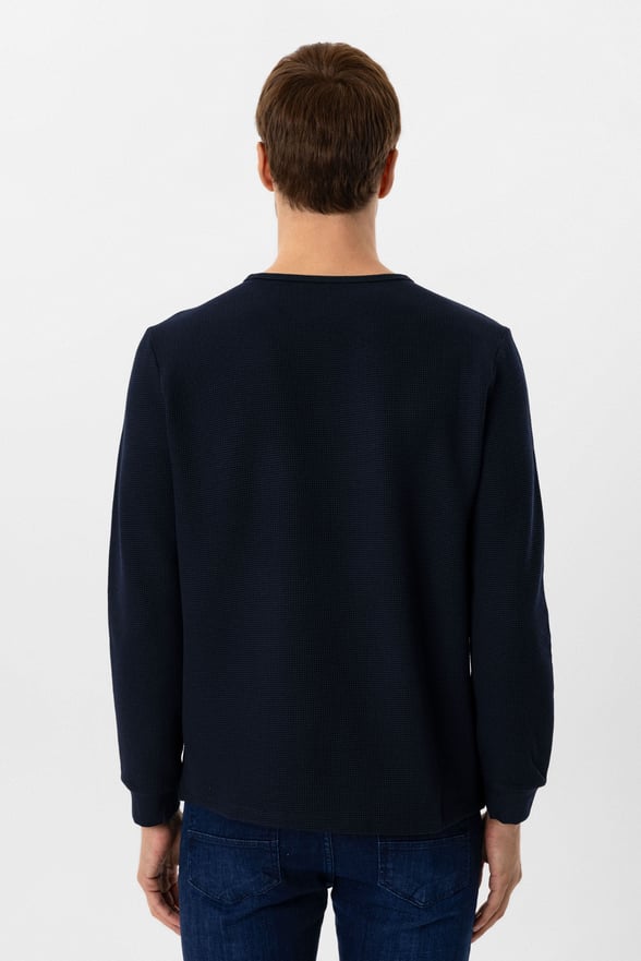 Lacivert Slim Fit Armürlü Bisiklet Yaka Triko Kazak