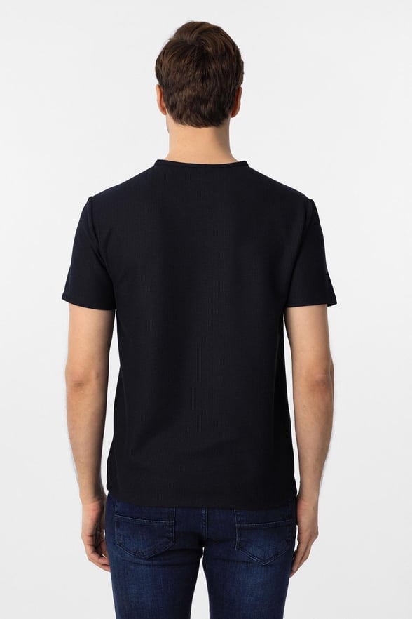 Lacivert Slim Fit Armürlü Bisiklet Yaka Tişört