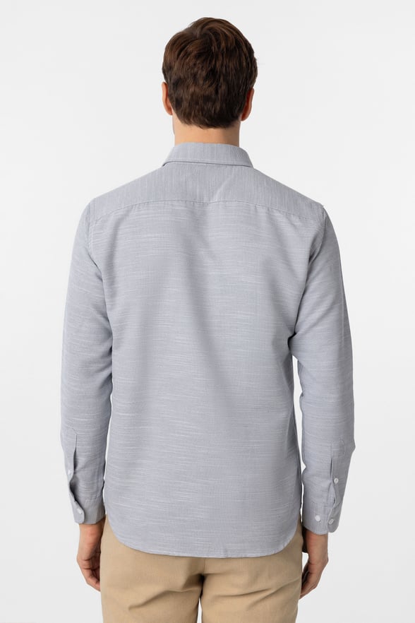 Lacivert Slim Fit Armürlü Düğmeli Yaka Gömlek