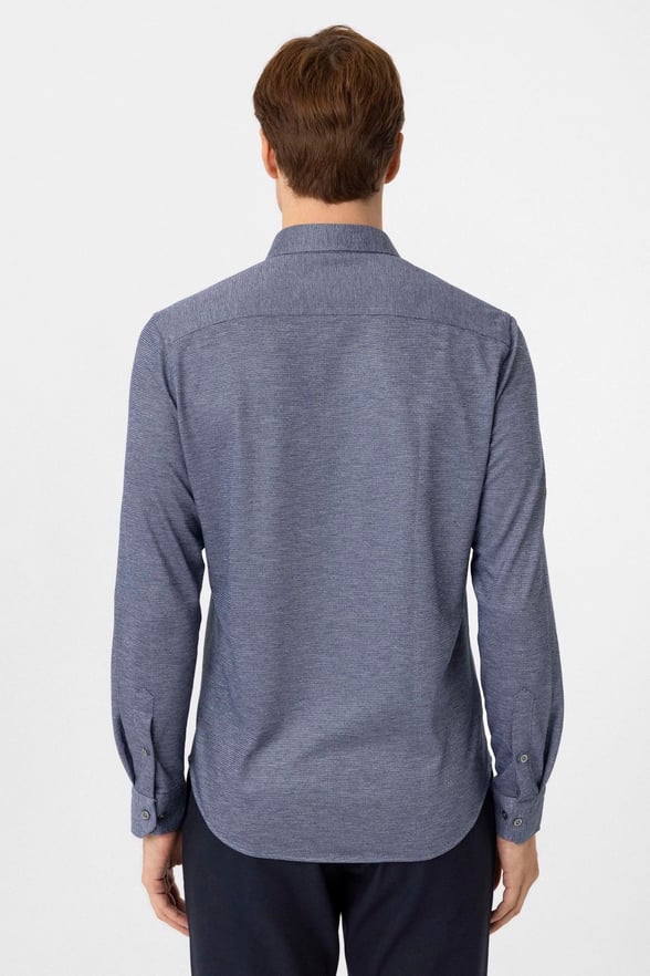 Lacivert Slim Fit Armürlü Düğmeli Yaka Gömlek