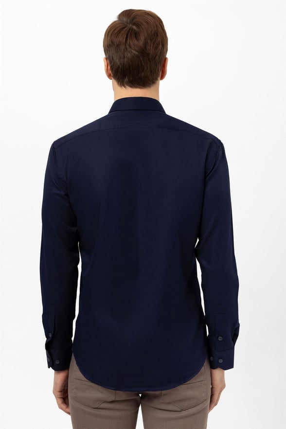 Lacivert Slim Fit Armürlü Klasik Yaka Gömlek