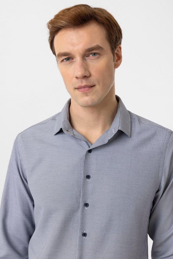 Lacivert Slim Fit Armürlü Klasik Yaka Gömlek
