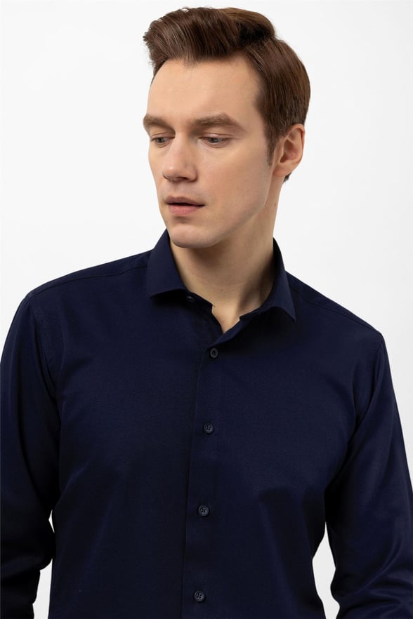 Lacivert Slim Fit Armürlü Klasik Yaka Gömlek