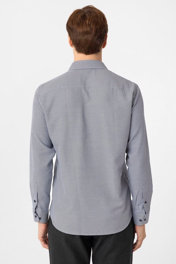Lacivert Slim Fit Armürlü Klasik Yaka Gömlek