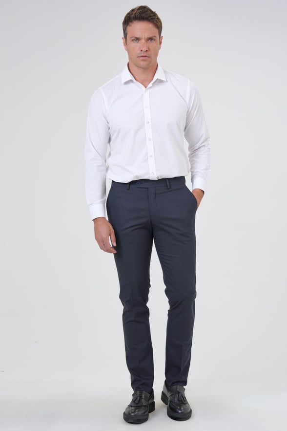 Lacivert Slim Fit Armürlü Kumaş Pantolon