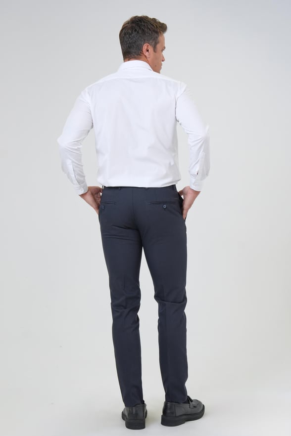 Lacivert Slim Fit Armürlü Kumaş Pantolon