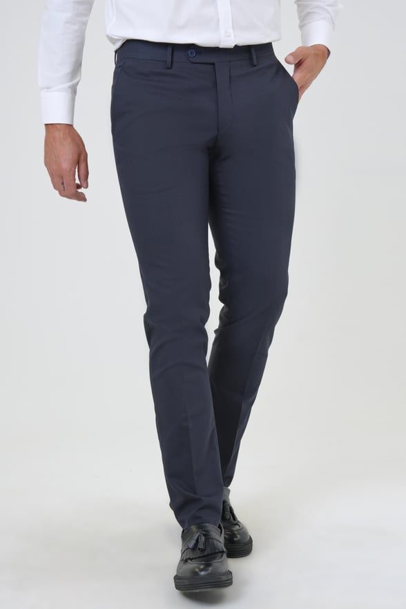 Lacivert Slim Fit Armürlü Kumaş Pantolon