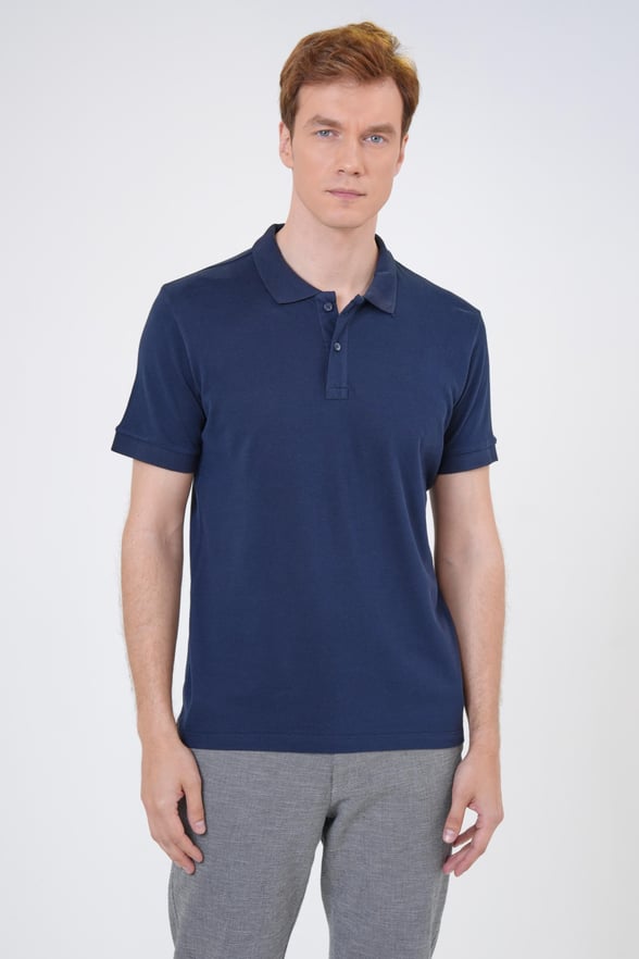Lacivert Slim Fit Armürlü Polo Yaka Tişört