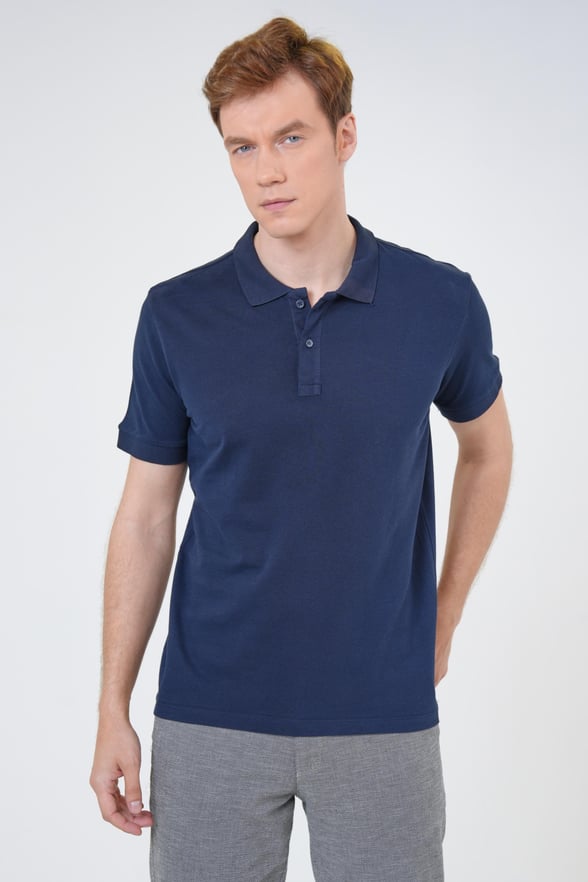 Lacivert Slim Fit Armürlü Polo Yaka Tişört