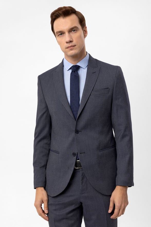 Lacivert Slim Fit Armürlü Sivri Yaka 6 Drop Klasik Takım Elbise
