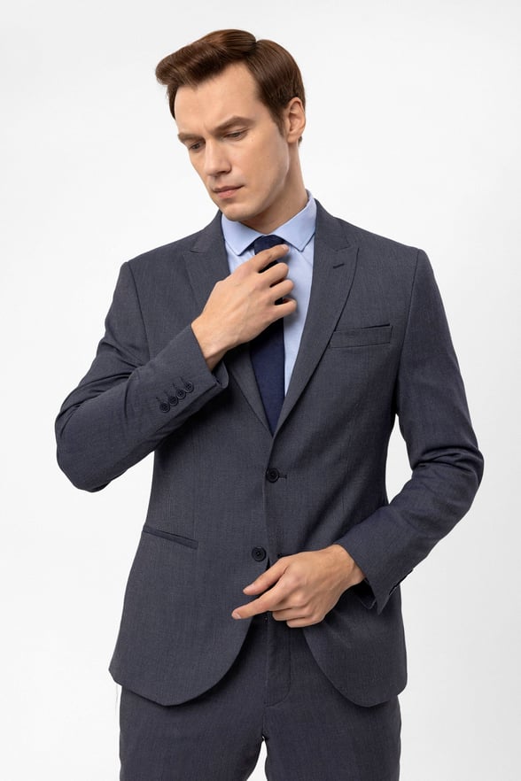 Lacivert Slim Fit Armürlü Sivri Yaka 6 Drop Klasik Takım Elbise