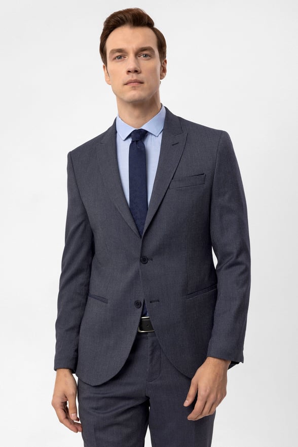 Lacivert Slim Fit Armürlü Sivri Yaka 6 Drop Klasik Takım Elbise