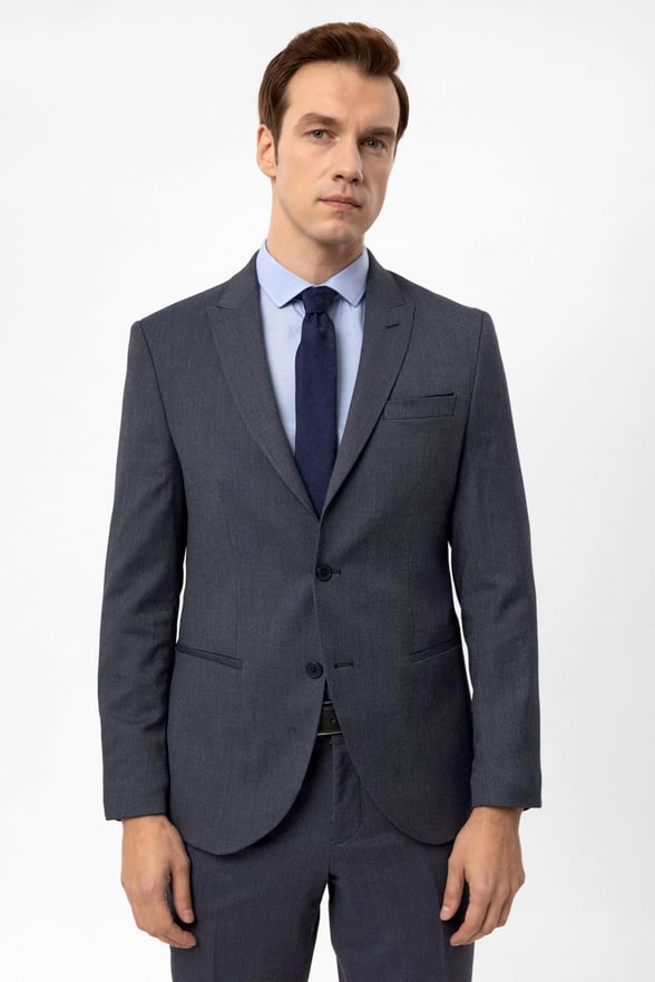Lacivert Slim Fit Armürlü Sivri Yaka 6 Drop Klasik Takım Elbise