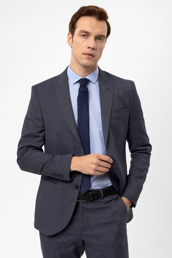 Lacivert Slim Fit Armürlü Sivri Yaka 6 Drop Klasik Takım Elbise