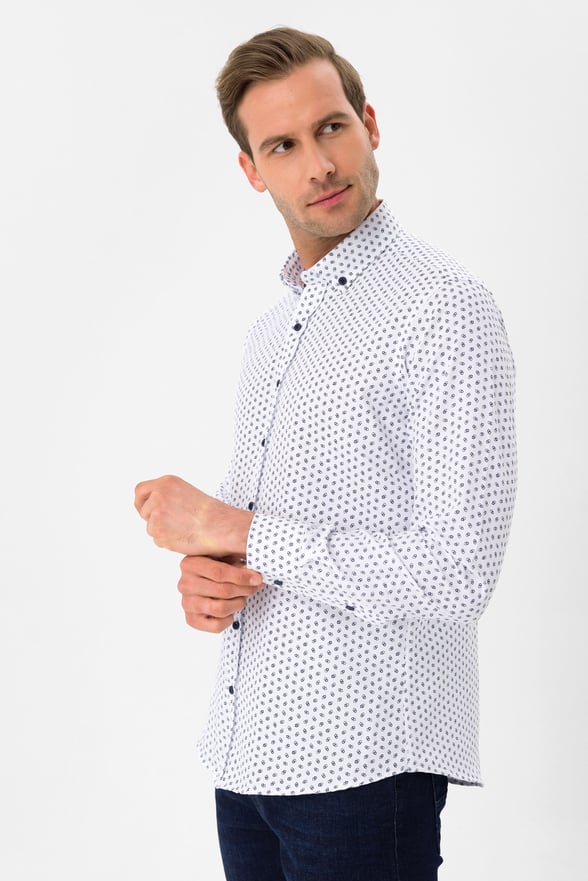 Lacivert Slim Fit Baskılı Düğmeli Yaka Gömlek