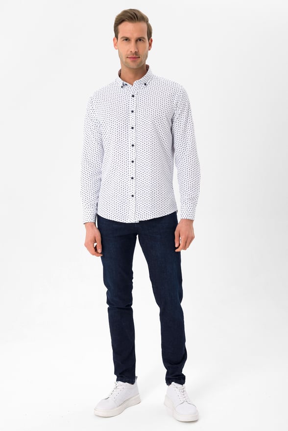 Lacivert Slim Fit Baskılı Düğmeli Yaka Gömlek