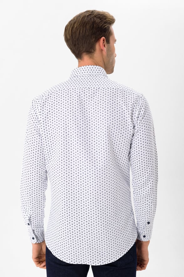 Lacivert Slim Fit Baskılı Düğmeli Yaka Gömlek