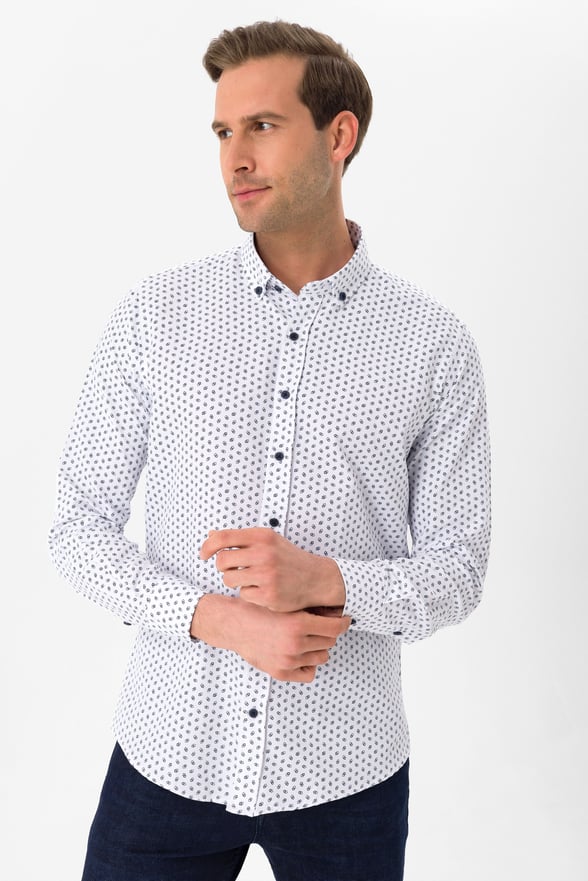 Lacivert Slim Fit Baskılı Düğmeli Yaka Gömlek