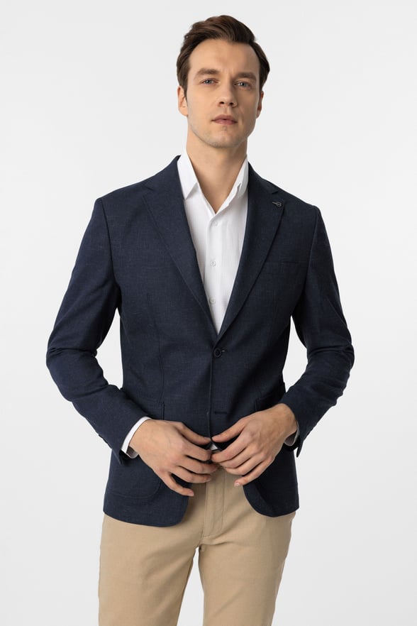 Lacivert Slim Fit Desenli Mono Yaka 6 Drop Ceket