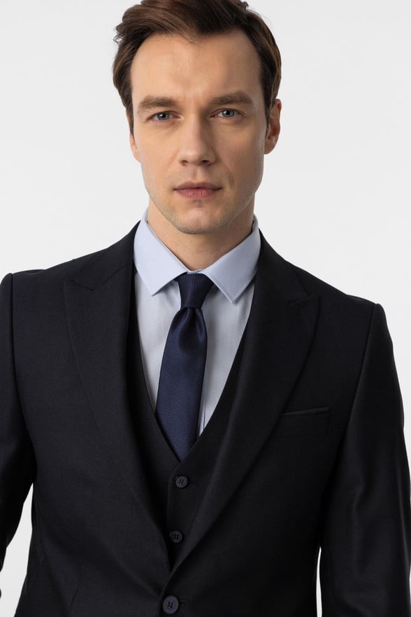 Lacivert Slim Fit Desenli Sivri Yaka 6 Drop Yelekli Klasik Takım Elbise