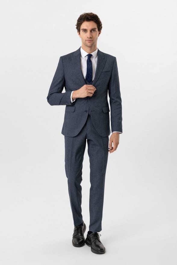 Lacivert Slim Fit Desenli Sivri Yaka 6 Drop Yelekli Klasik Takım Elbise