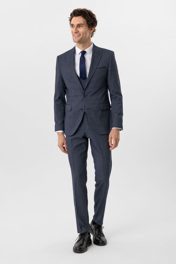 Lacivert Slim Fit Desenli Sivri Yaka 6 Drop Yelekli Klasik Takım Elbise