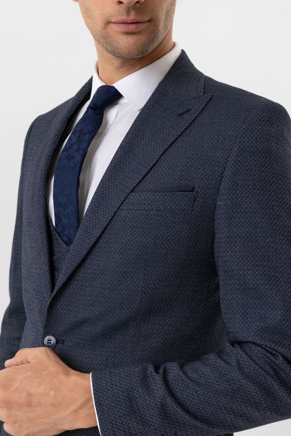 Lacivert Slim Fit Desenli Sivri Yaka 6 Drop Yelekli Klasik Takım Elbise