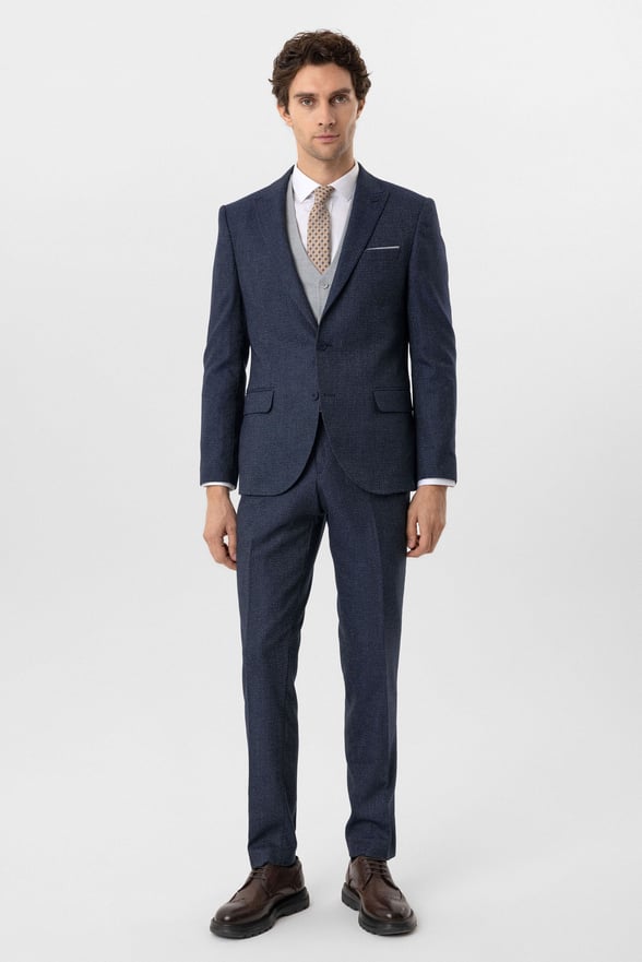 Lacivert Slim Fit Desenli Sivri Yaka 6 Drop Yelekli Klasik Takım Elbise