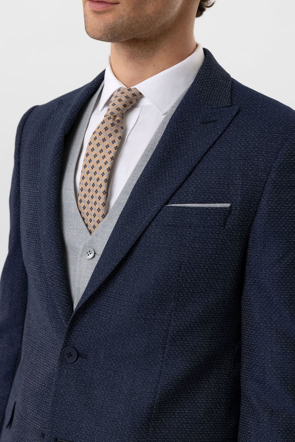 Lacivert Slim Fit Desenli Sivri Yaka 6 Drop Yelekli Klasik Takım Elbise