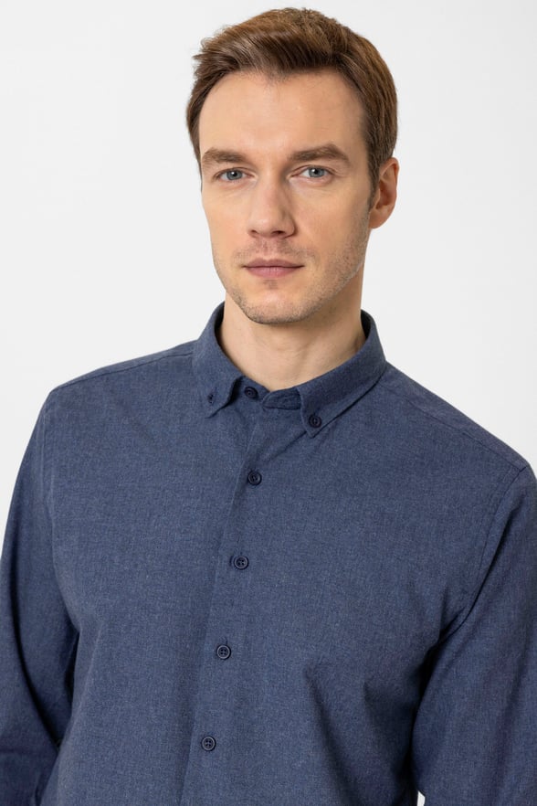 Lacivert Slim Fit Düz Düğmeli Yaka Gömlek