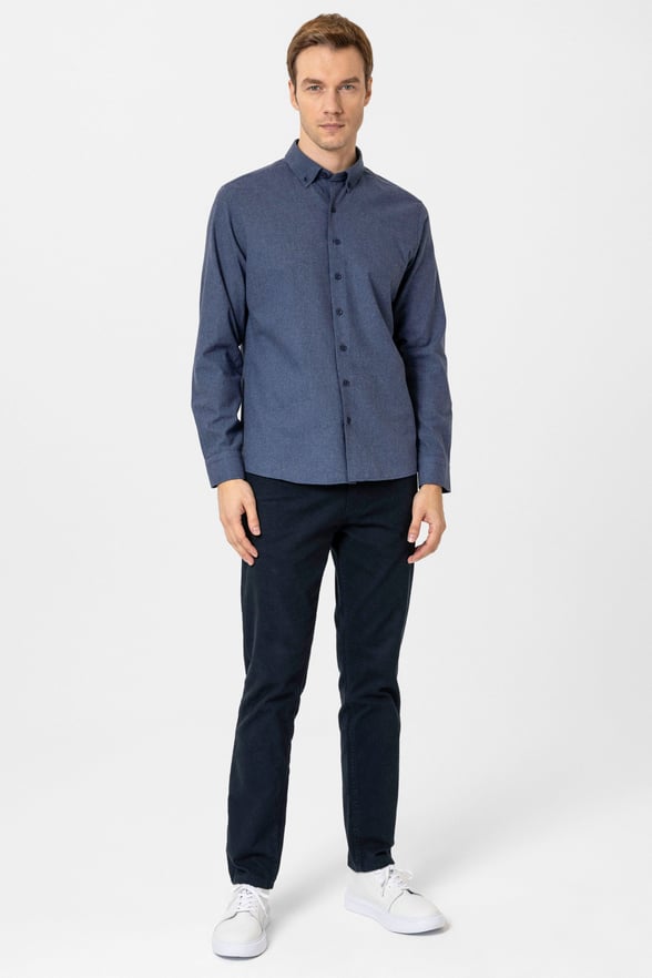 Lacivert Slim Fit Düz Düğmeli Yaka Gömlek