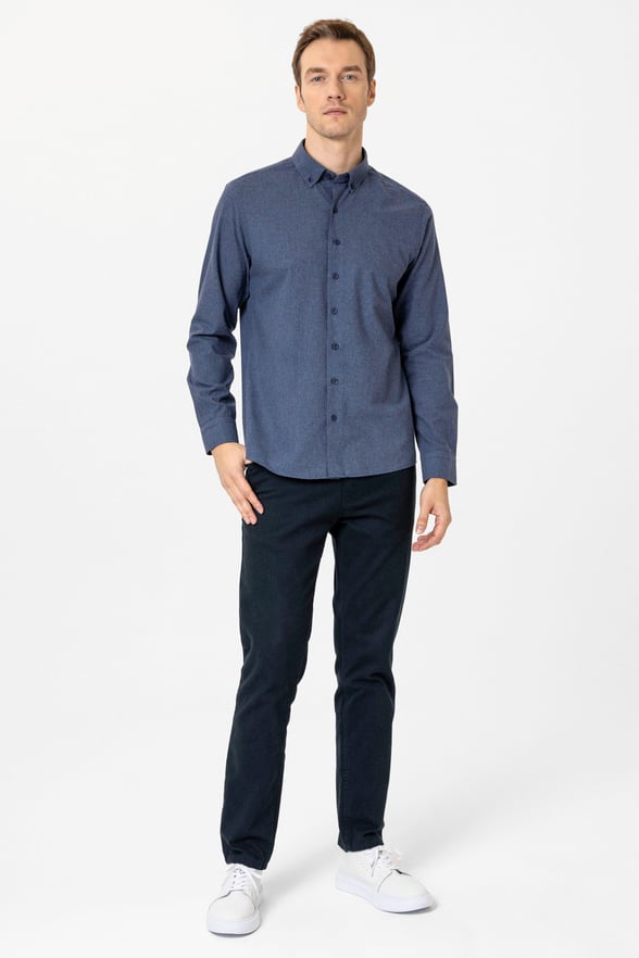 Lacivert Slim Fit Düz Düğmeli Yaka Gömlek