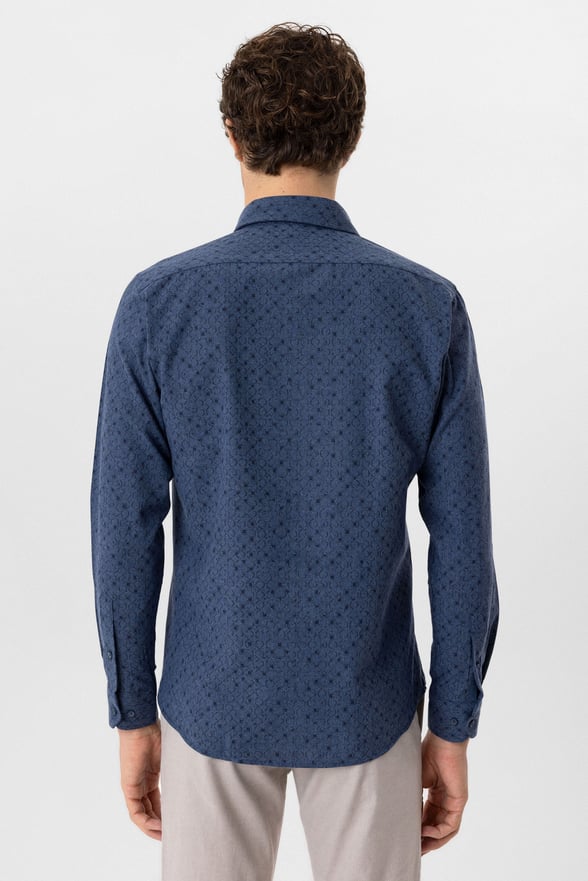 Lacivert Slim Fit Düz Düğmeli Yaka Gömlek