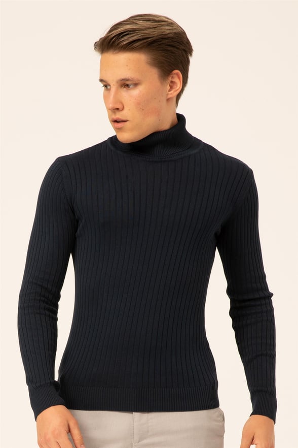 Lacivert Slim Fitilli Balıkçı Yaka  Triko
