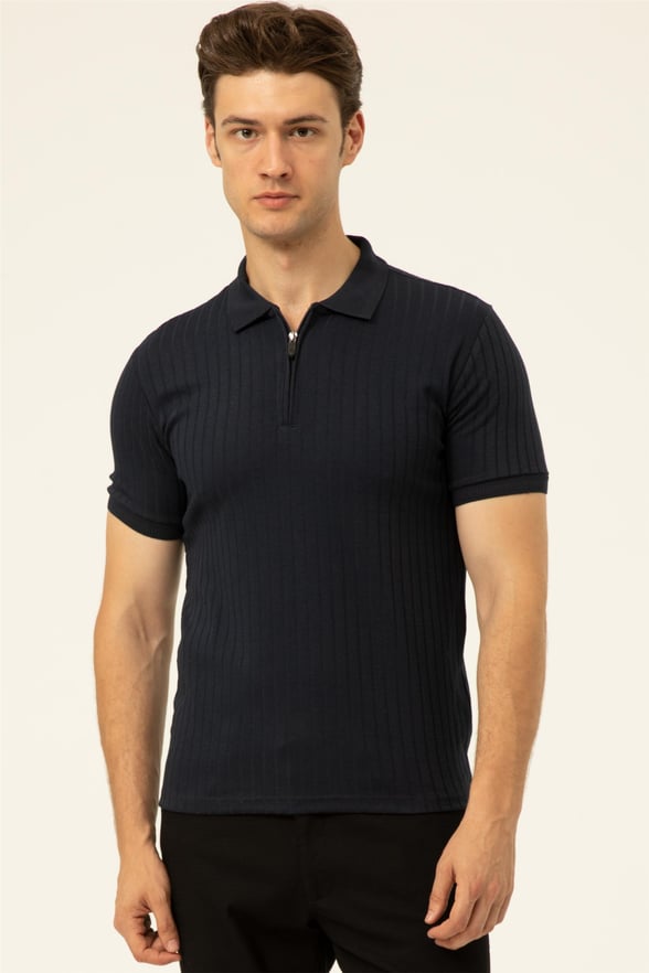 Lacivert Slim Fitilli Polo Yaka  Tişört