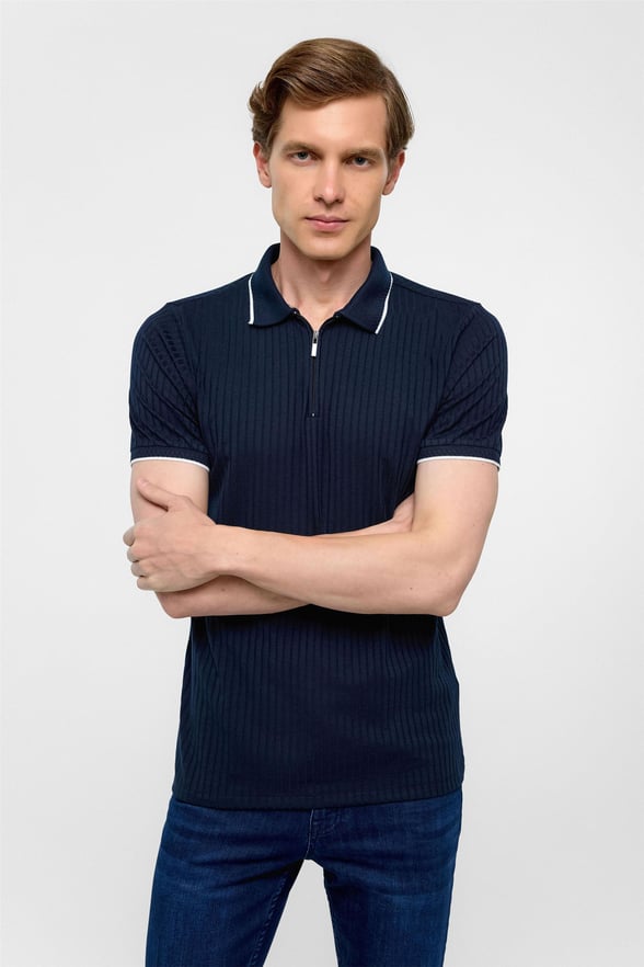 Lacivert Slim Fitilli Polo Yaka Tişört