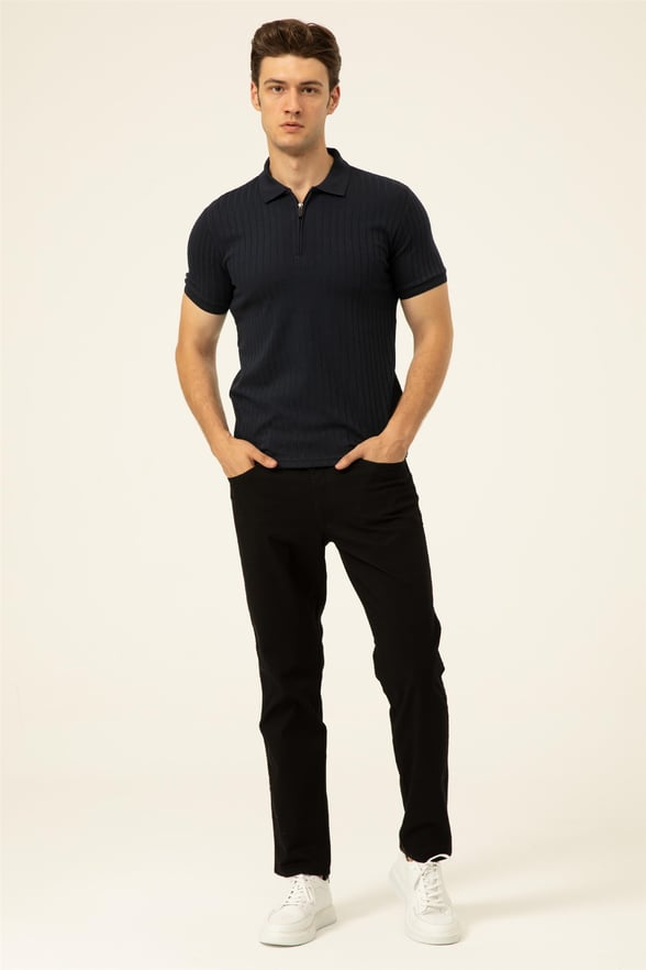 Lacivert Slim Fitilli Polo Yaka  Tişört