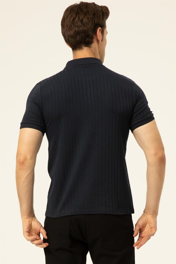Lacivert Slim Fitilli Polo Yaka  Tişört