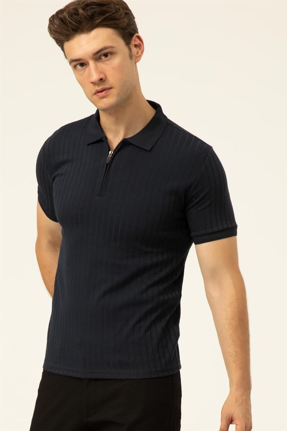 Lacivert Slim Fitilli Polo Yaka  Tişört