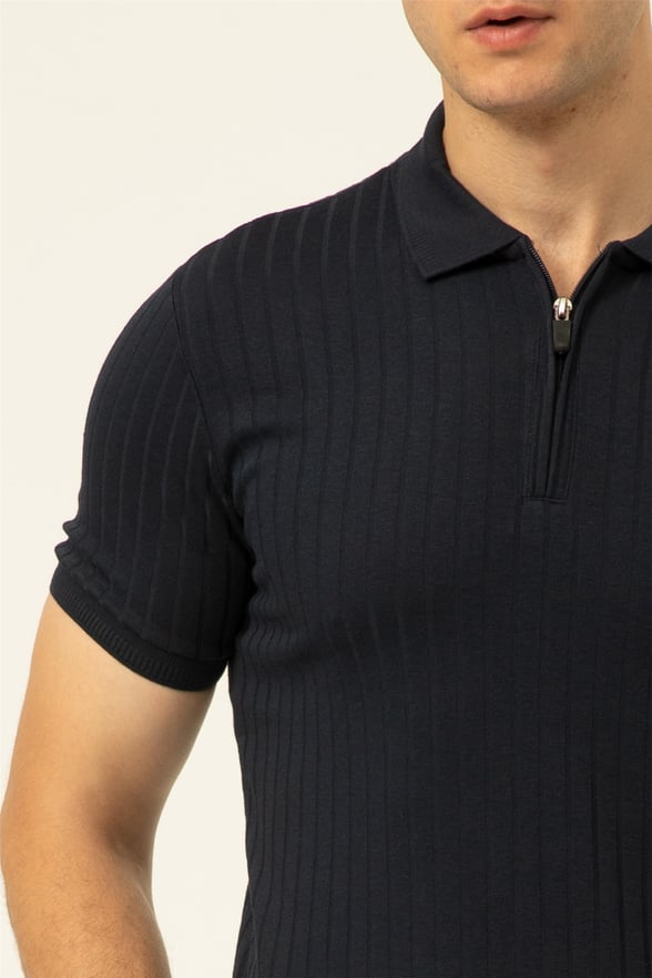 Lacivert Slim Fitilli Polo Yaka  Tişört