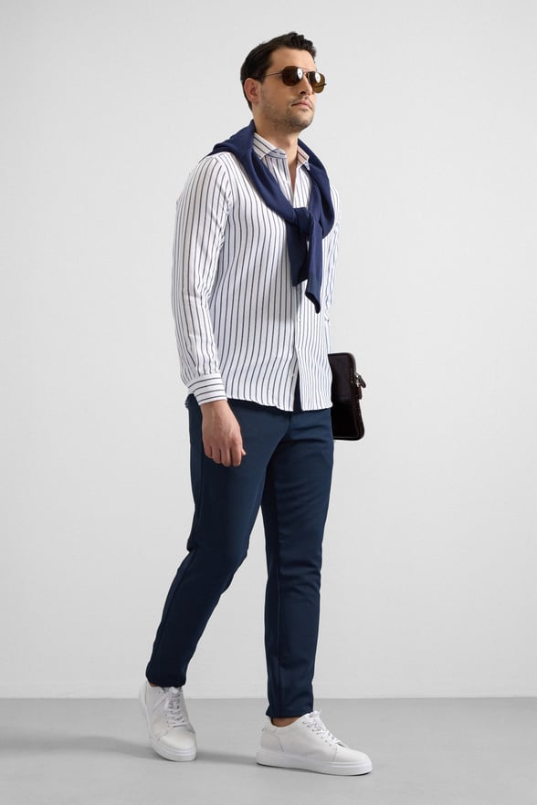 Lacivert Slim Klasik Yaka Cepsiz Casual Gömlek