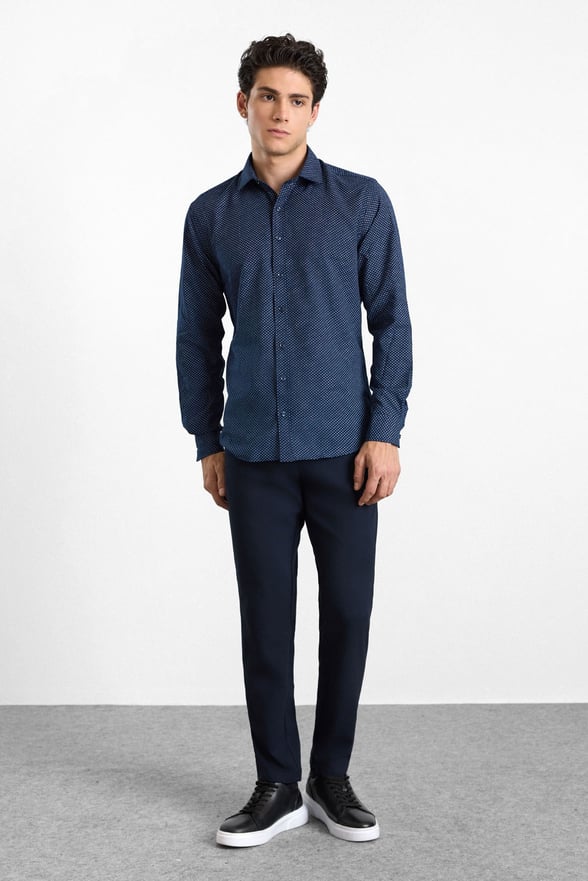 Lacivert Slim Klasik Yaka Minimal Oxford Cepsiz Düğmeli Uzun Kollu Casual Gömlek