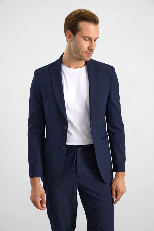 Lacivert Slim Mono Yaka Düz Torba Cep 6 Drop Takım Elbise