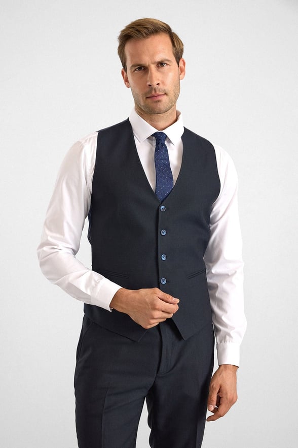Lacivert Slim Sivri Yaka 6 Drop Yelekli Takım Elbise
