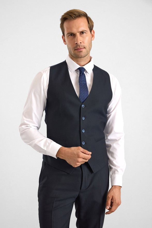 Lacivert Slim Sivri Yaka 6 Drop Yelekli Takım Elbise