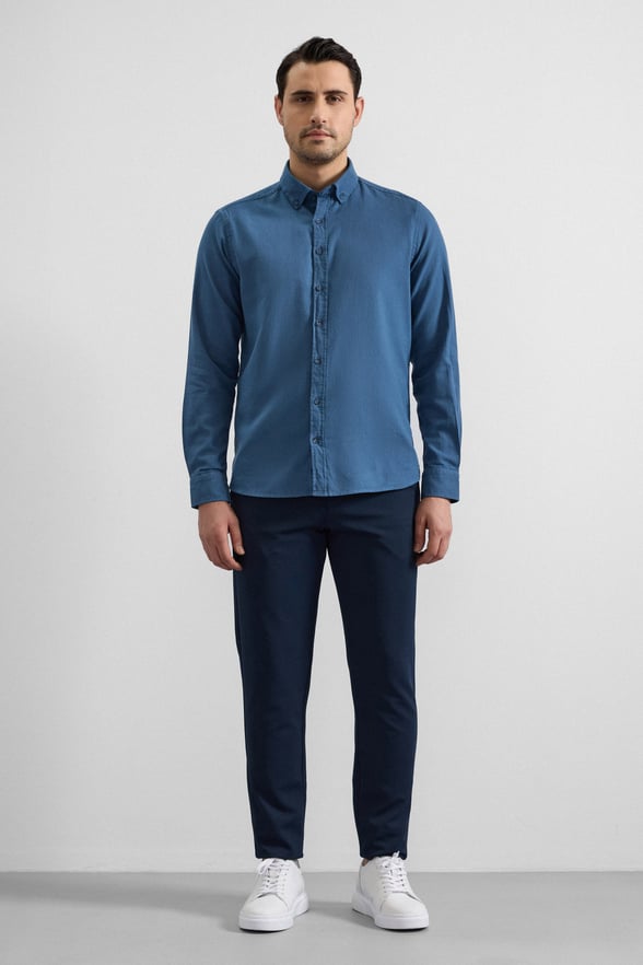 Mavi Slim Düğmeli Yaka Düz Casual Gömlek