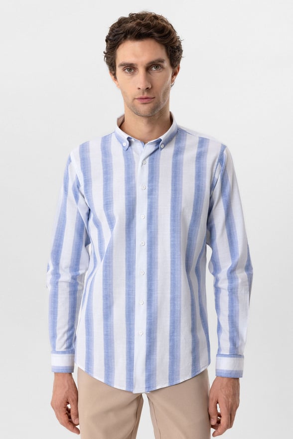 Mavi Slim Fit Desenli Düğmeli Yaka Çizgili Gömlek