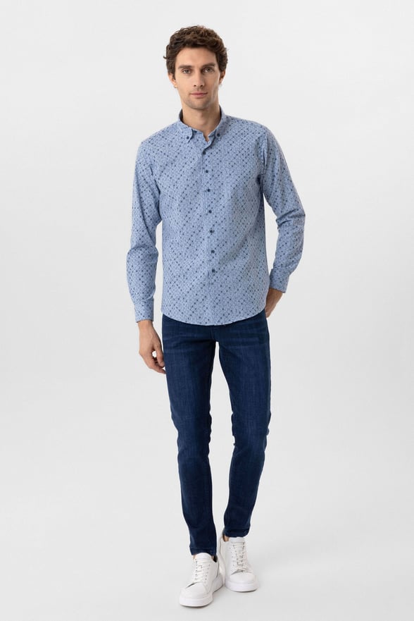 Mavi Slim Fit Düz Düğmeli Yaka Gömlek